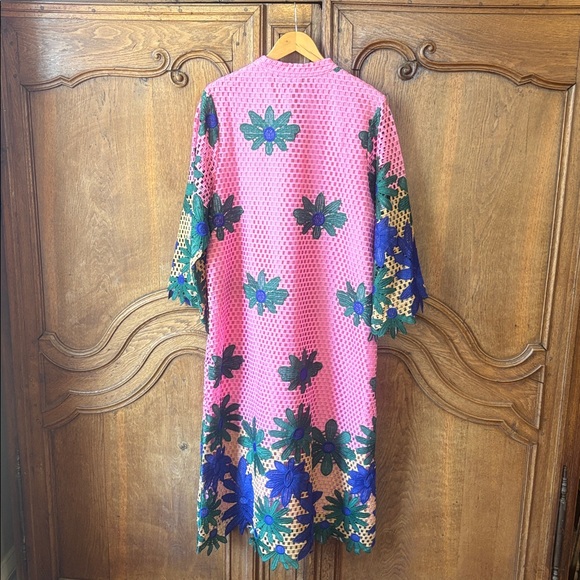 J. Marie Emery Lace Midi Kaftan Dress Pink Navy Green Embroidered Floral NWT - Picture 13 of 16